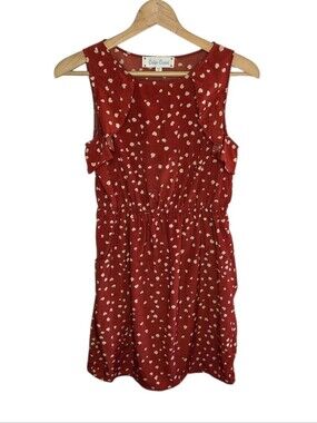 Criss Cross Red Tan Heart Print Sleeveless Mini Dress Size Small Whimsical Cute